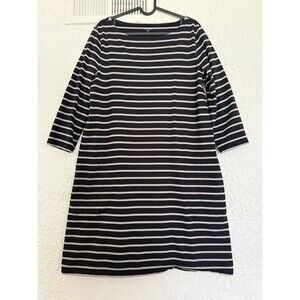 Garnet Hill Womens Black Tan Striped Long Sleeve Boat Neck T Shirt Dress SZ 12